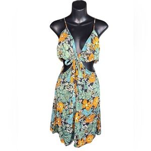Volcom floral strappy dress teal, orange and black side cutouts a tie front sz L